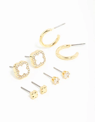 Gold Plated Diamante Flower Studs & Hoop Earrings 4-Pack