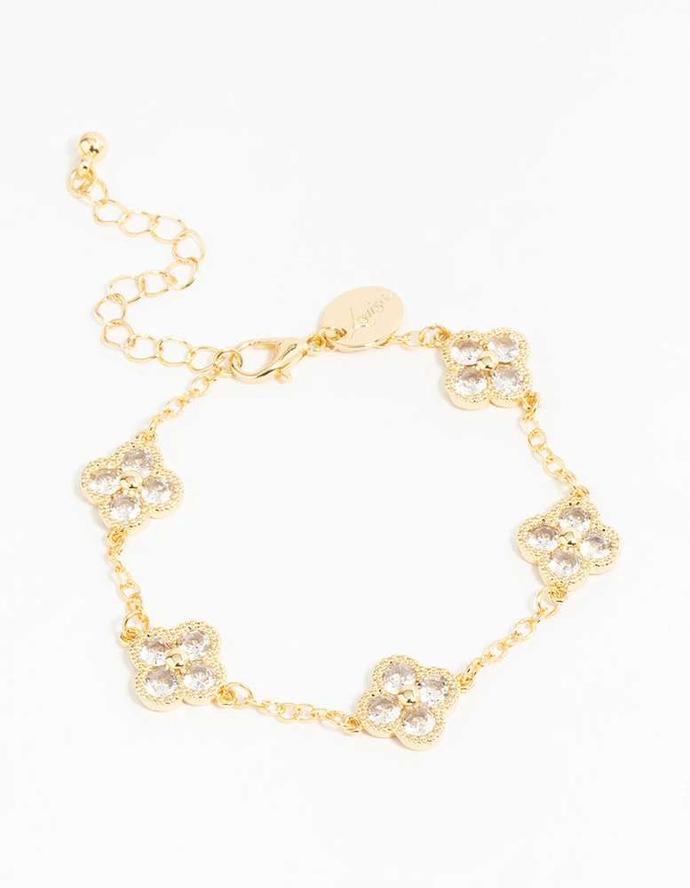 Gold Plated Cubic Zirconia Statement Flower Bracelet
