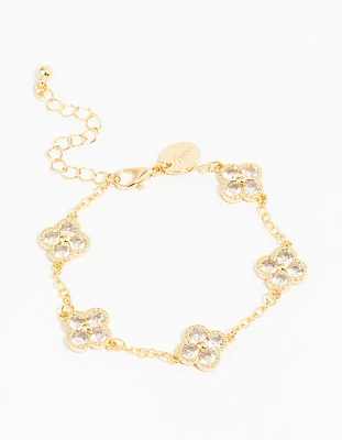 Gold Plated Cubic Zirconia Statement Flower Bracelet