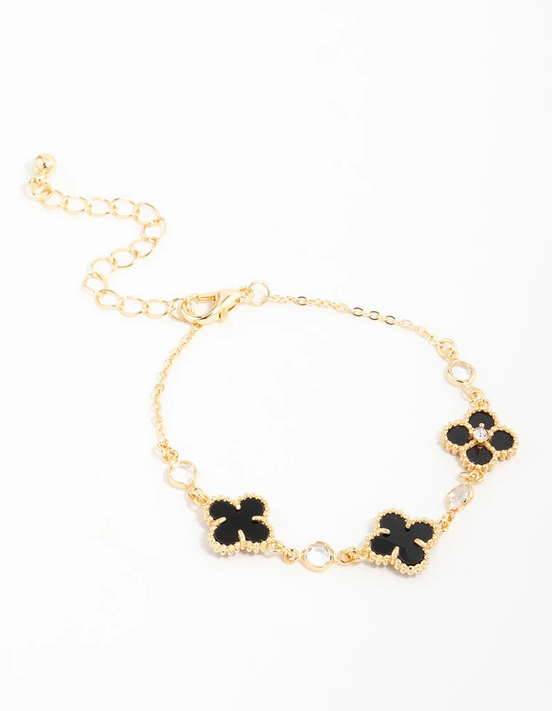 Gold Plated Cubic Zirconia Black Flower Bracelet