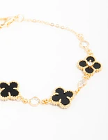 Gold Plated Cubic Zirconia Black Flower Bracelet