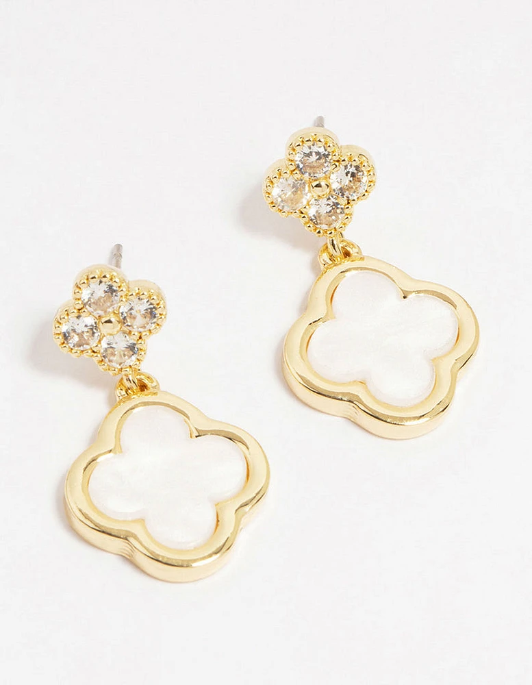 Gold Plated Brass Double Flower Cubic Zirconia Drop Earrings