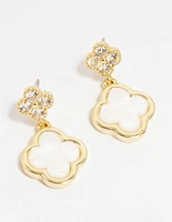 Gold Plated Brass Double Flower Cubic Zirconia Drop Earrings