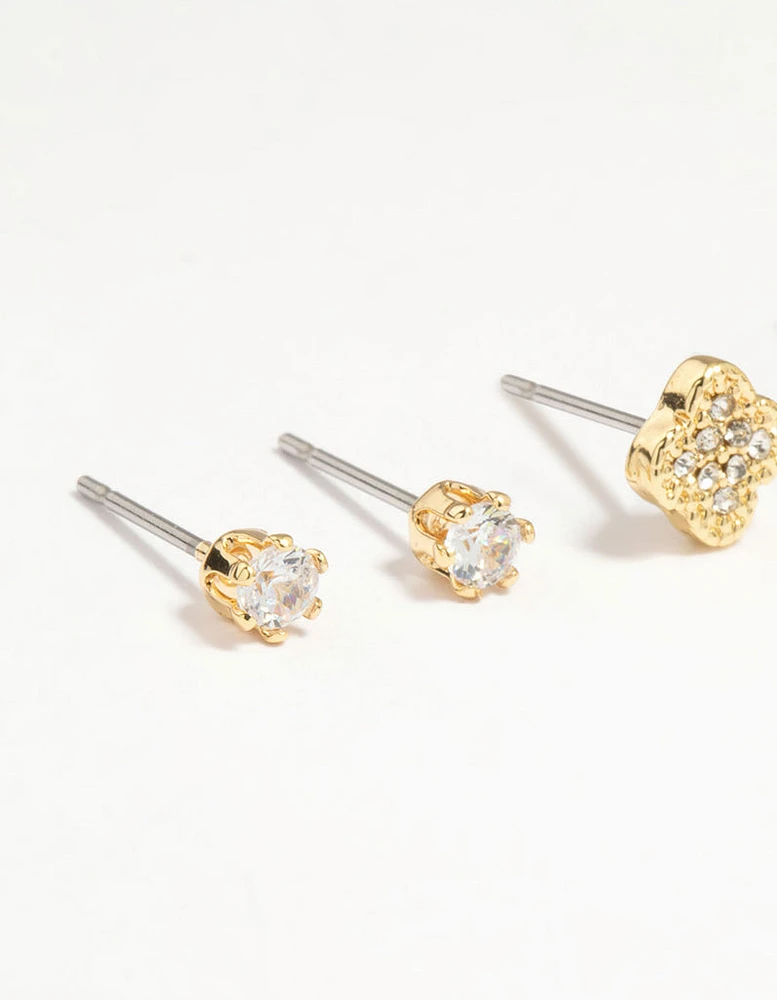 Gold Plated Brass Cubic Zirconia Flower Stud & Huggie Earrings 4-Pack