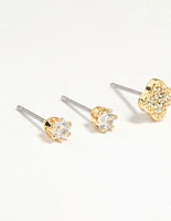 Gold Plated Brass Cubic Zirconia Flower Stud & Huggie Earrings 4-Pack