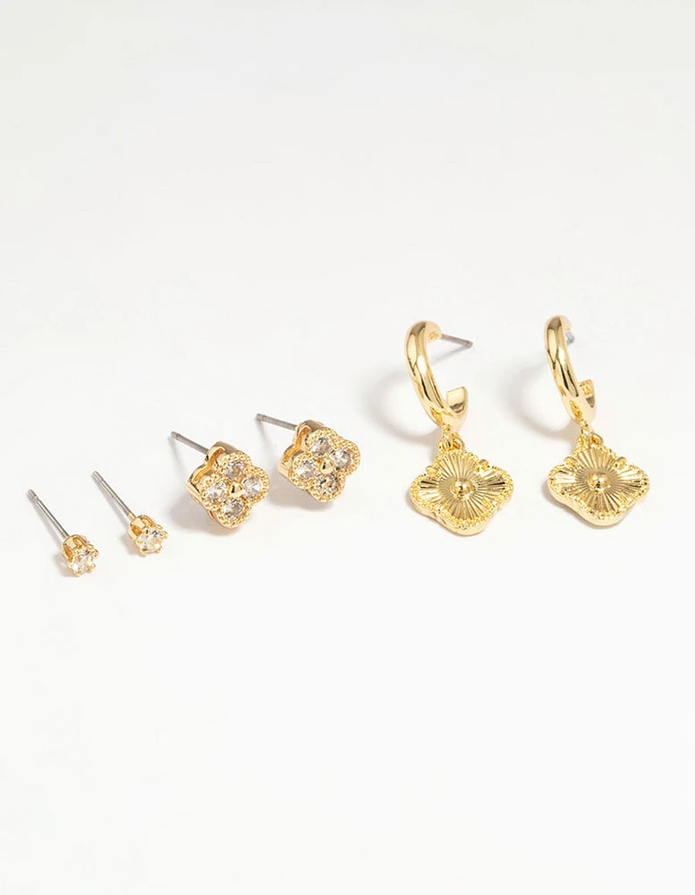 Gold Plated Brass Cubic Zirconia Flower Hoop & Stud Earrings 3-Pack