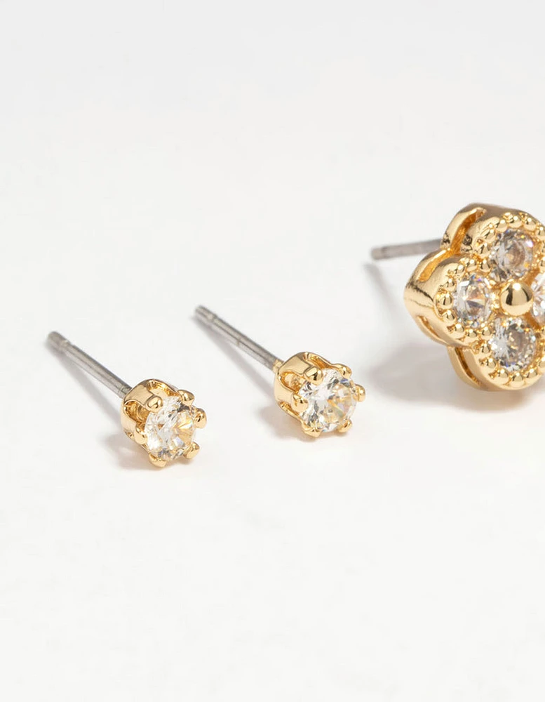 Gold Plated Brass Cubic Zirconia Flower Hoop & Stud Earrings 3-Pack