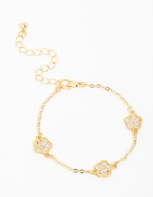 Gold Plated Brass Cubic Zirconia Flower Trio Toggle bracelet