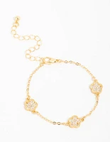 Gold Plated Brass Cubic Zirconia Flower Trio Toggle bracelet