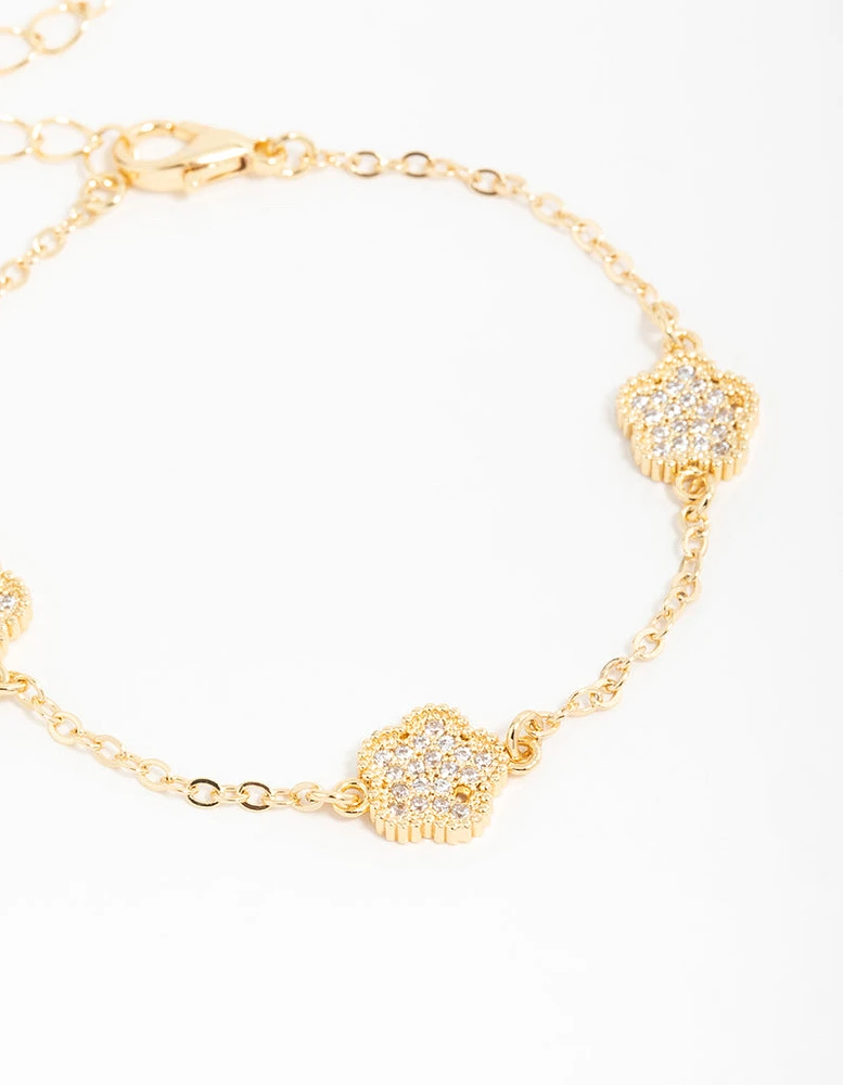 Gold Plated Brass Cubic Zirconia Flower Trio Toggle bracelet