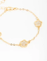 Gold Plated Brass Cubic Zirconia Flower Trio Toggle bracelet