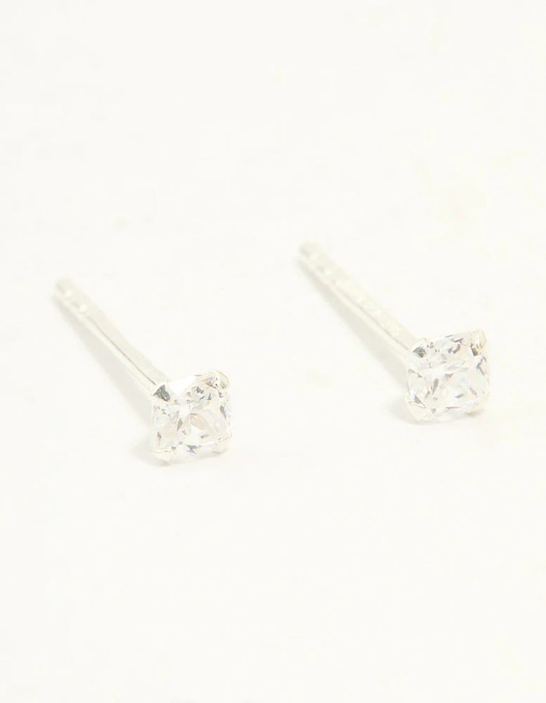 Sterling Silver Cubic Zirconia Small Princess Cut Stud Earrings
