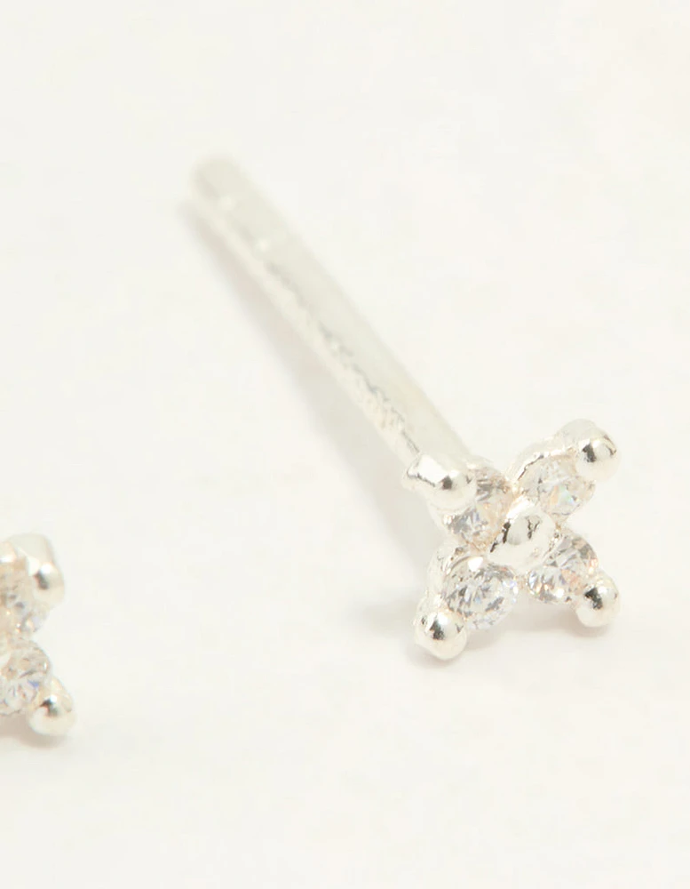 Sterling Silver Cubic Zirconia Micro Flower Stud Earrings