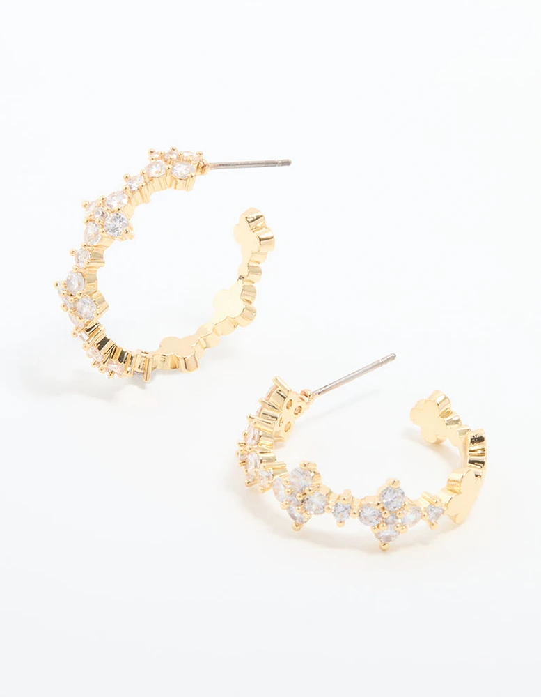 Gold Plated Cubic Zirconia Flower Large Round Hoop Earrings