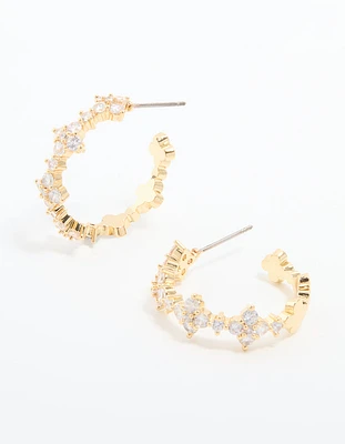 Gold Plated Cubic Zirconia Flower Large Round Hoop Earrings