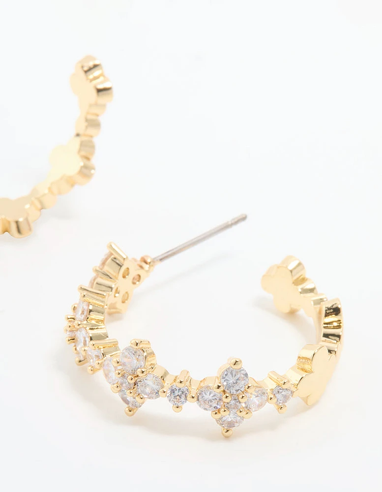 Gold Plated Cubic Zirconia Flower Large Round Hoop Earrings