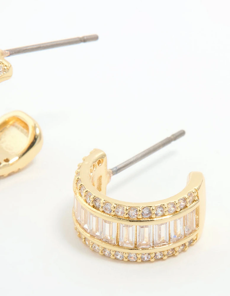 Gold Plated Cubic Zirconia Baguette Small Hoop Earrings