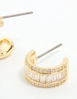 Gold Plated Cubic Zirconia Baguette Small Hoop Earrings