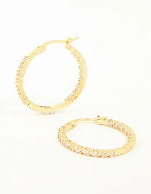 Gold Plated Cubic Zirconia Skinny Large Hoop Earrings