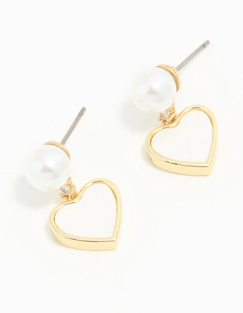 Gold Plated Pearl Catseye Heart Drop Earrings