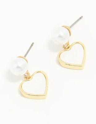 Gold Plated Pearl Catseye Heart Drop Earrings