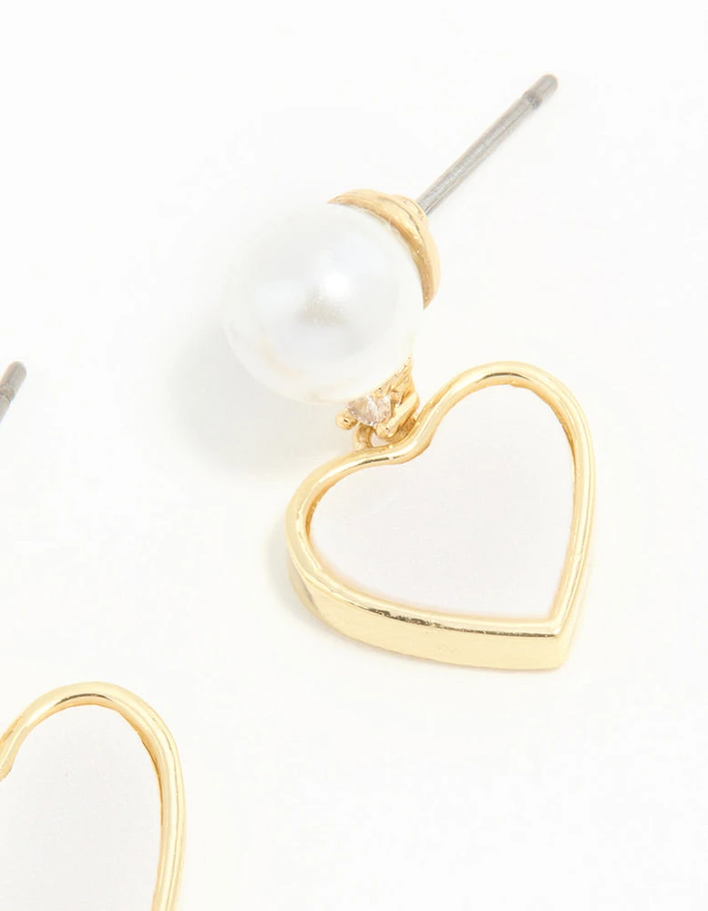 Gold Plated Pearl Catseye Heart Drop Earrings