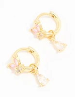 Gold Plated Pink Cubic Zirconia Butterfly Drop Huggie Earrings