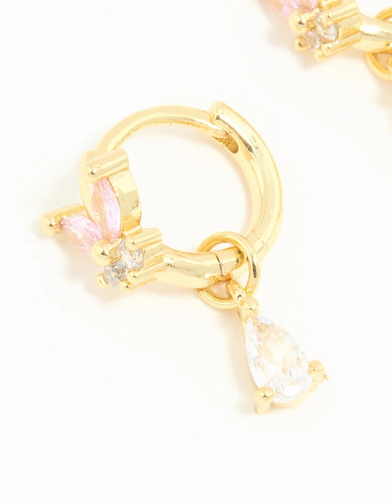 Gold Plated Pink Cubic Zirconia Butterfly Drop Huggie Earrings