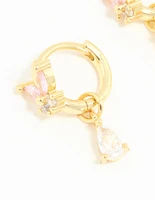 Gold Plated Pink Cubic Zirconia Butterfly Drop Huggie Earrings