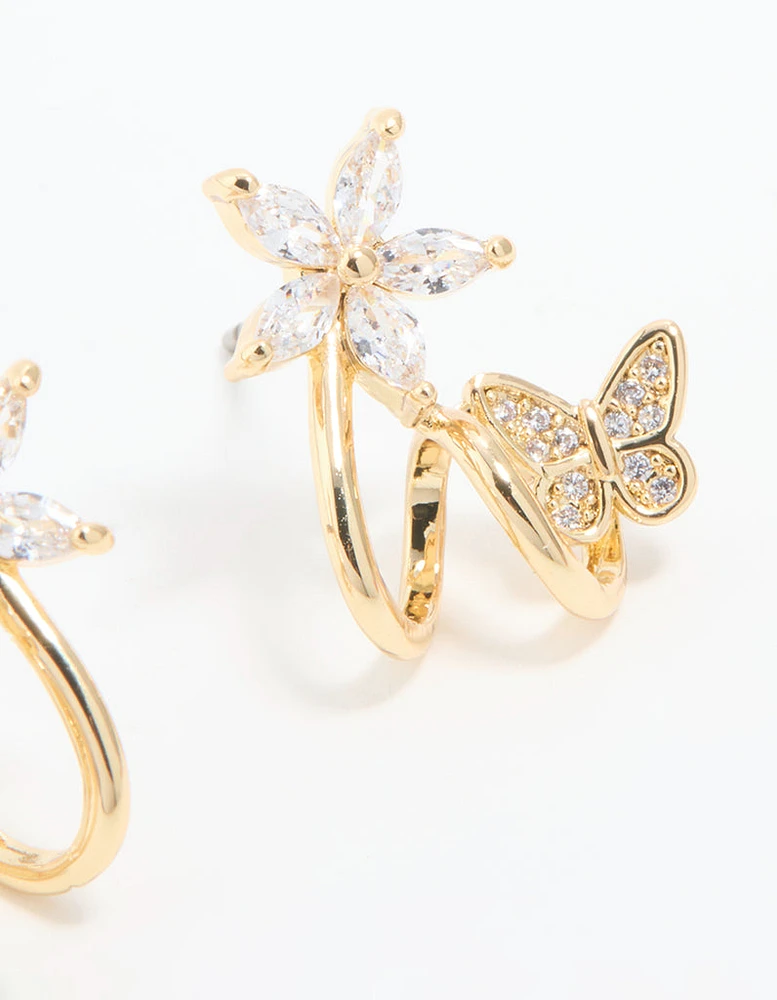 Gold Plated Cubic Zirconia Flower Butterfly Ear Jacket Earrings