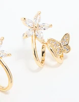Gold Plated Cubic Zirconia Flower Butterfly Ear Jacket Earrings