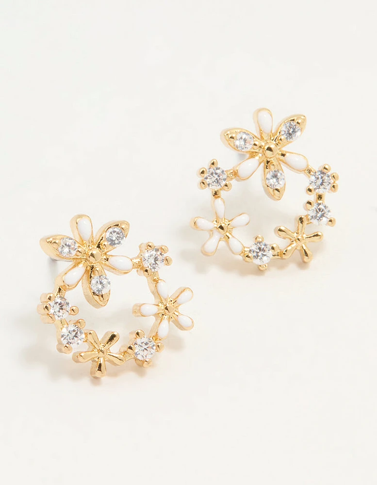 Gold Plated Cubic Zirconia Flower Wreath Stud Earrings