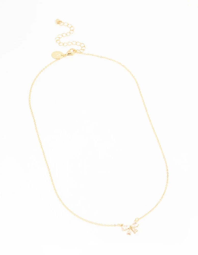 Gold Plated Cubic Zirconia Small Bow Pendant Necklace