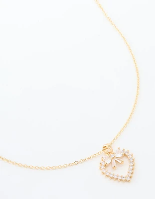 Gold Plated Cubic Zirconia Heart & Bow Pendant Necklace