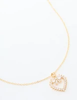 Gold Plated Cubic Zirconia Heart & Bow Pendant Necklace