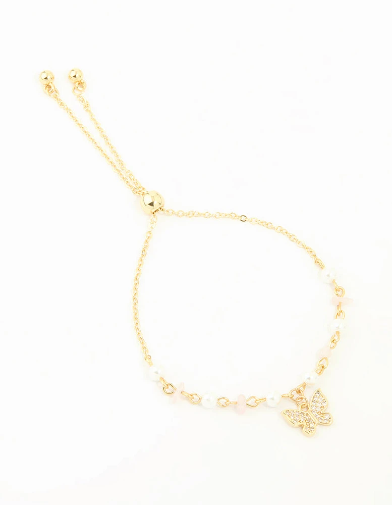 Gold Plated Cubic Zirconia Pearl Semi Precious Butterfly Toggle Bracelet