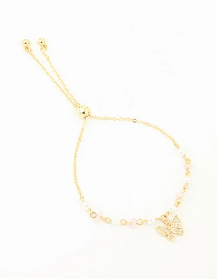 Gold Plated Cubic Zirconia Pearl Semi Precious Butterfly Toggle Bracelet