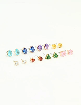 Gold Multicoloured Diamante Mixed Shape Stud Earrings 8-Pack