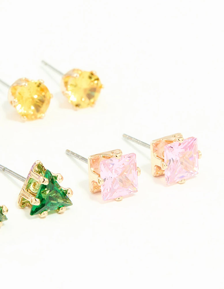 Gold Multicoloured Diamante Mixed Shape Stud Earrings 8-Pack