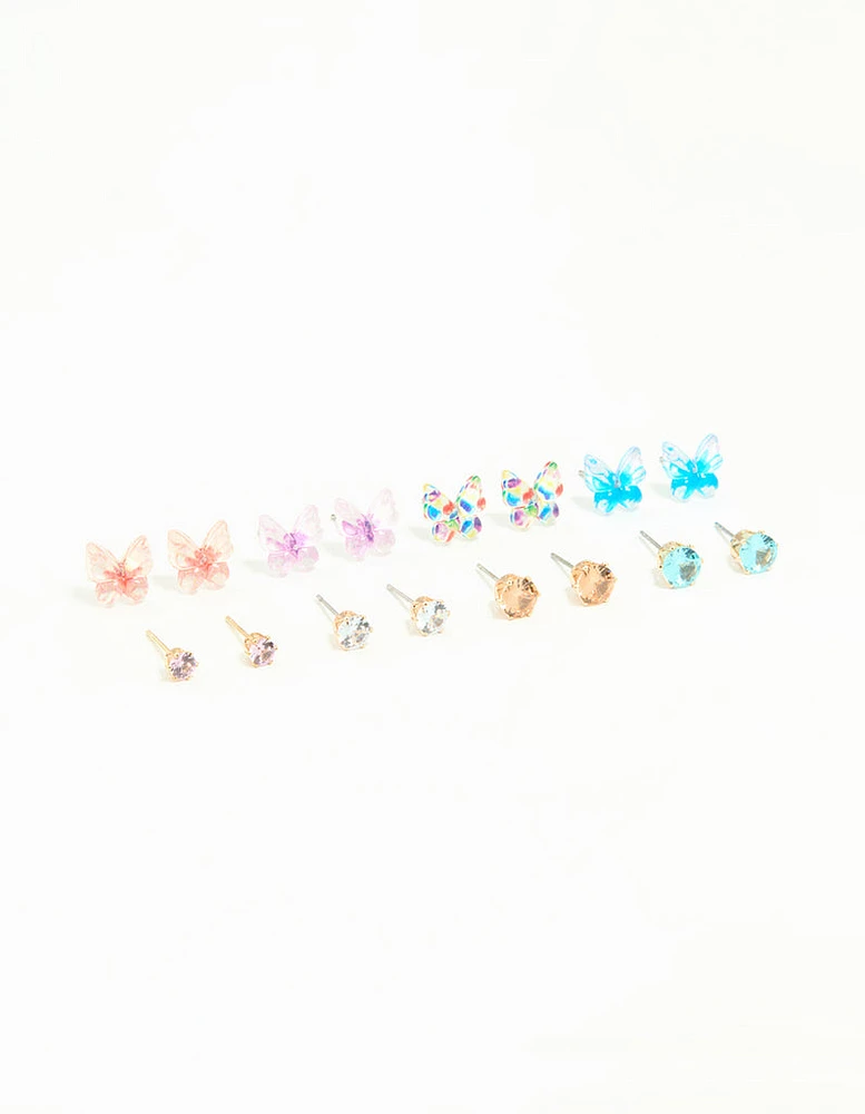 Gold Diamante & Butterfly Stud Earrings 8-Pack
