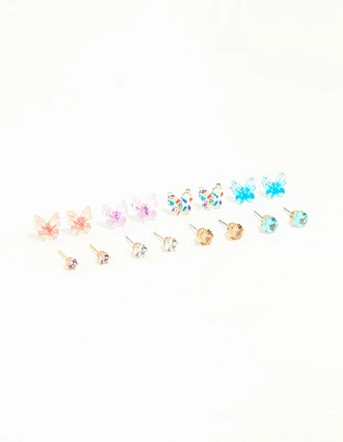Gold Diamante & Butterfly Stud Earrings 8-Pack