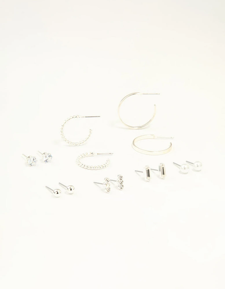 Silver Diamante Mixed Stud & Hoop Earrings 7-Pack