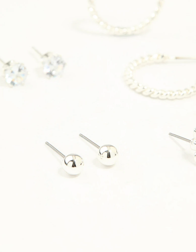 Silver Diamante Mixed Stud & Hoop Earrings 7-Pack