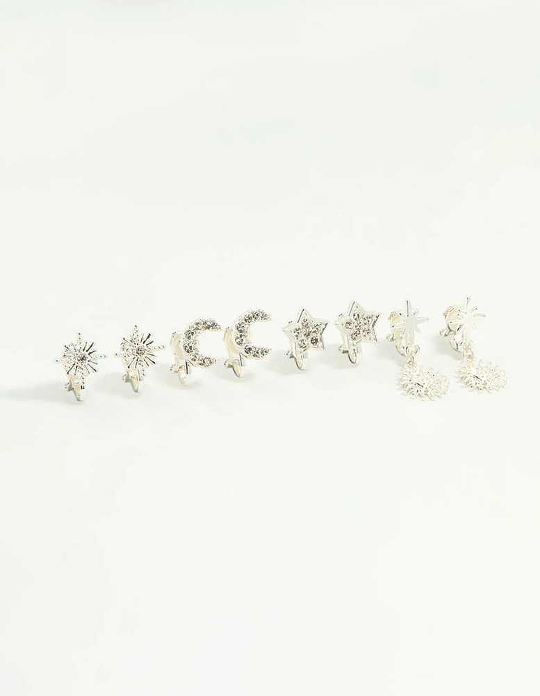 Silver Star & Moon Clip-On Earrings 4-Pack