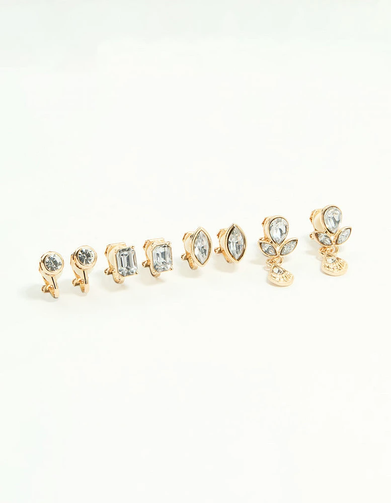 Gold Diamante Mixed Shape Clip-On Earrings 4-Pack