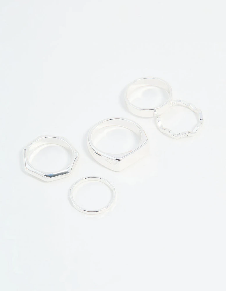 Silver Hexagon & Signet Rings 5-Pack