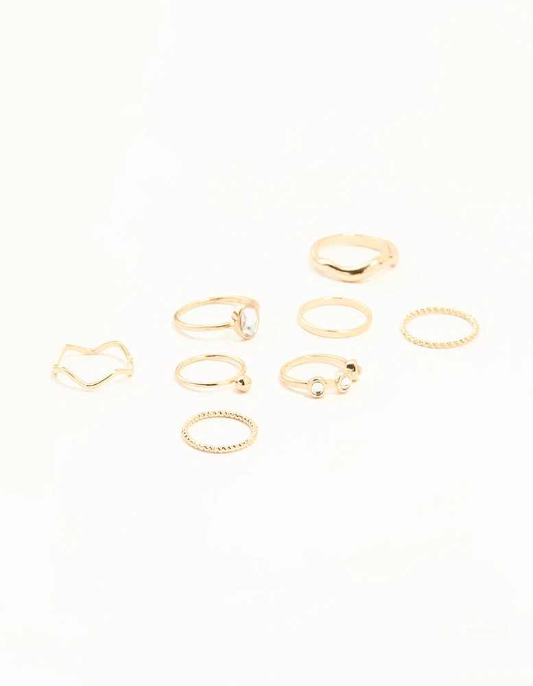 Gold Diamante Zigzag & Twisted Stacking Rings 8-Pack