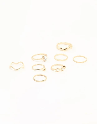 Gold Diamante Zigzag & Twisted Stacking Rings 8-Pack
