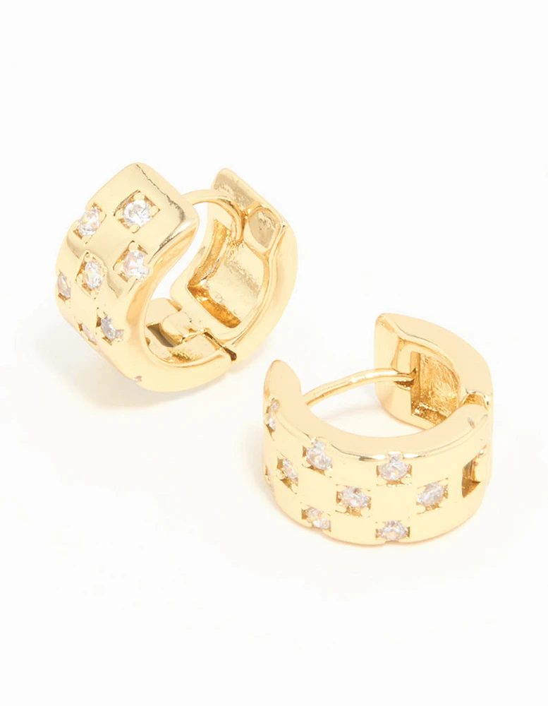 Gold Plated Cubic Zirconia Checkered Mini Hoop Earrings