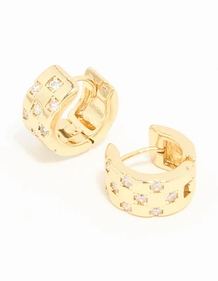 Gold Plated Cubic Zirconia Checkered Mini Hoop Earrings